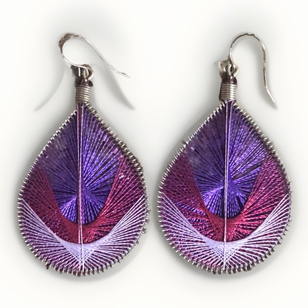 Large Silk Thread Teardrop Earring Purple Handmade Peruvian Boho