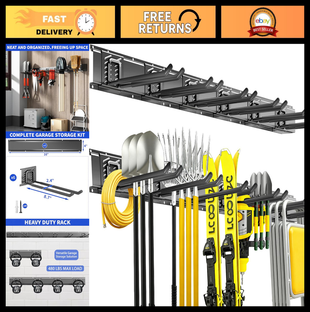 Heavy Duty Garage Tool Organizer Wall Mount, 48" Storage System with 6 Hooks