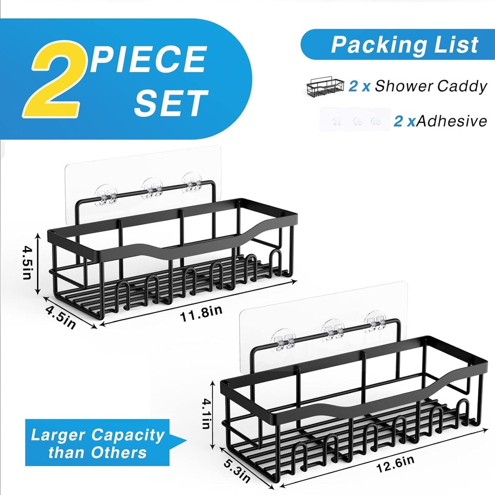 Adhesive Shower Caddy 2 Pack Rustproof Bathroom Shelf Organizer No Drill Black