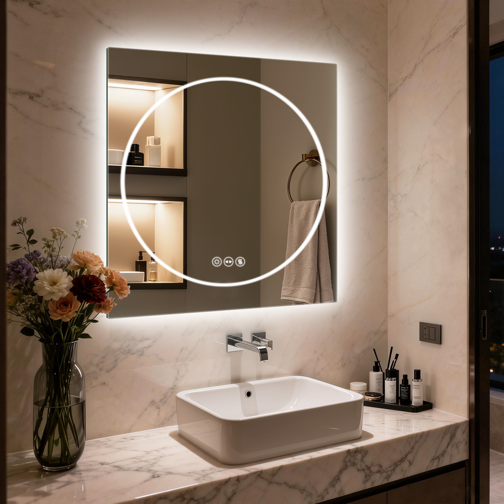 28/32/36'' LED Bathroom Mirror Front-lit and Backlight Square Wall Vanity Mirror