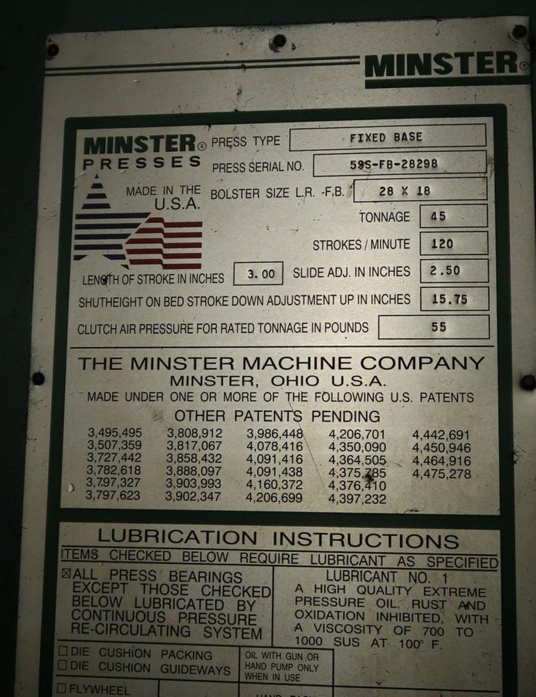 45 TON MINSTER "59S" FIXED-BASE GAP FRAME PRESS w/SERVO-FEED