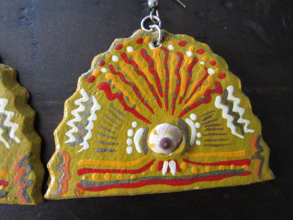 Vintage Handpainted Tribal Dangler Earrings with Embedded Shell "Evil Eye"