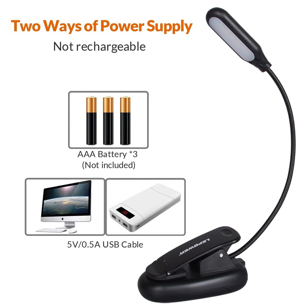 LED Clip On Book Light 5 LED 3 Modes USB Reading Lamp