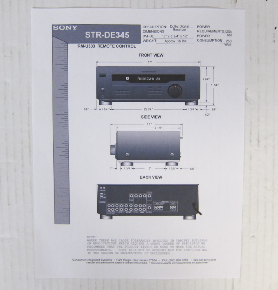 SONY STR-DE345 RECEIVER - Remote Control, Owner's Manual, AM Loop Antenna Bundle