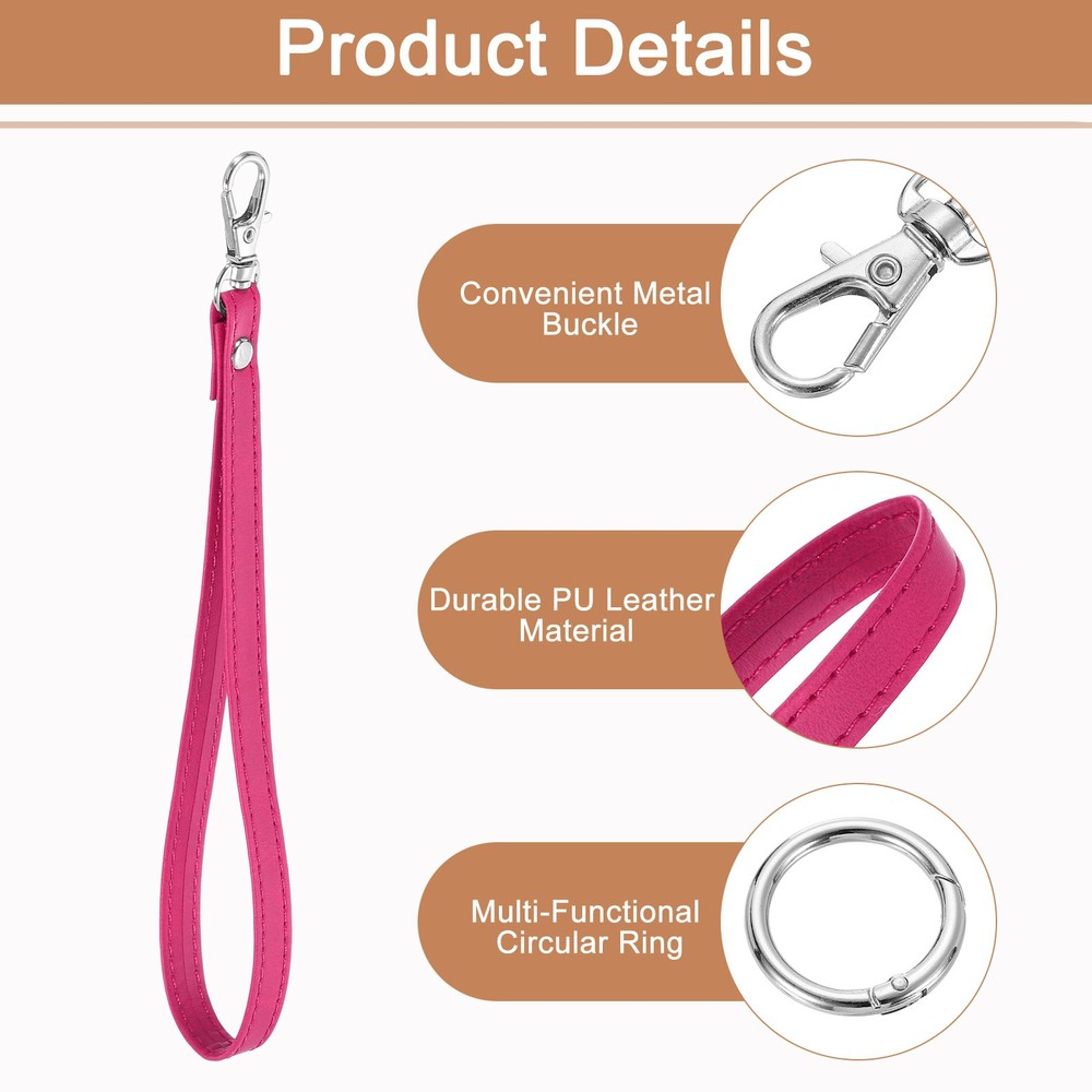 2 Pcs Wristlet Strap, PU Keychain Hand Strap with Circle Ring, Rose Red