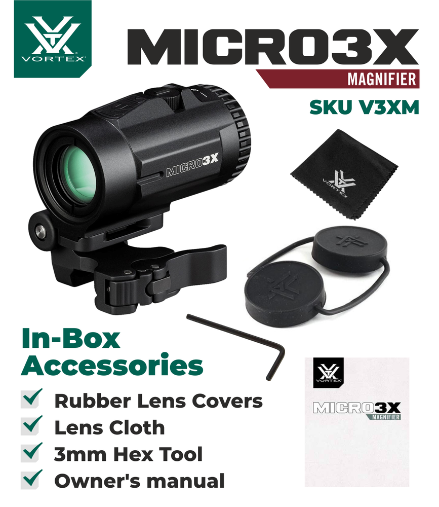 Vortex Optics Micro3X Red Dot Sight Magnifier w/ CF Hat and Cleaning Pen Bundle