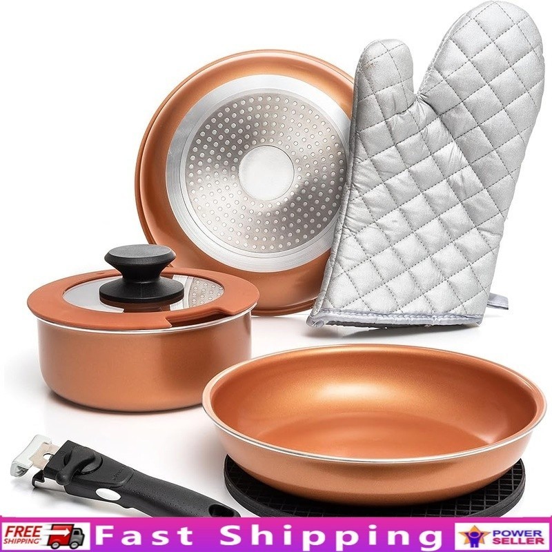 Nonstick Copper Pots & Pans Set Removable Handle Stackable Cookware 7 Pcs New