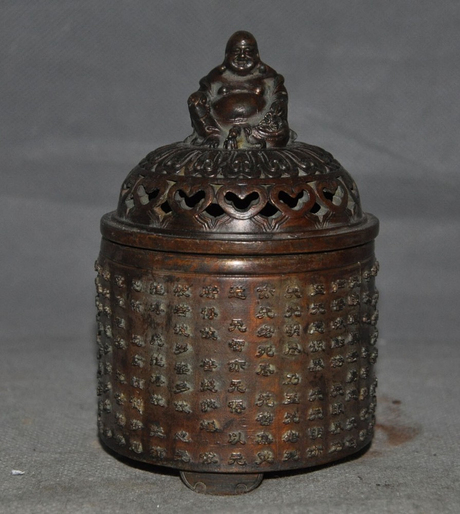 5" Ancient China bronze Maitreya Buddha buddhist scripture statue Incense burner