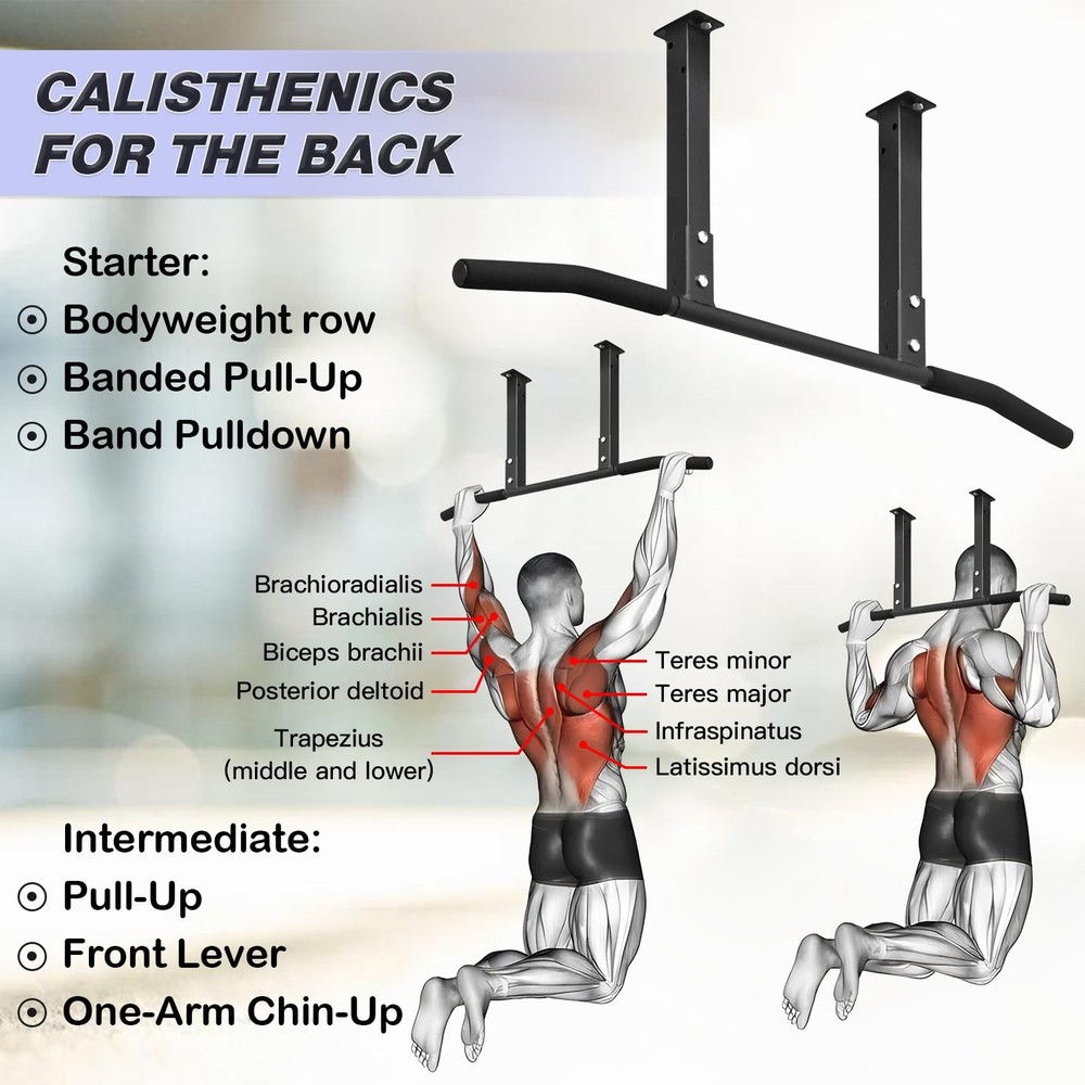 ATENTO Multifunctional Pull Up Bar for Ceiling Mount or Beam Mount, Black