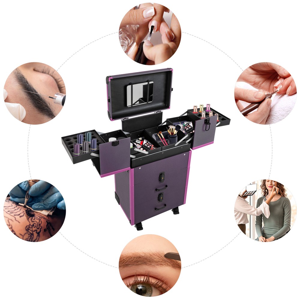 Rolling Makeup Case Beauty Organizer Box Lockable Cosmetic Case Trolley