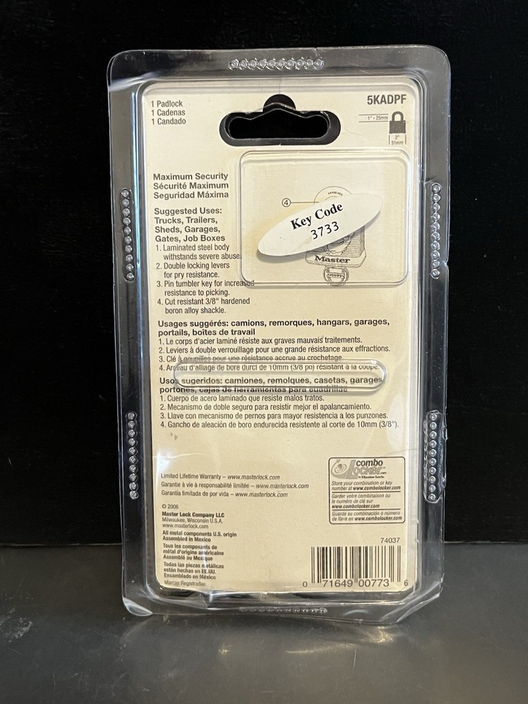 Master Lock Padlock Keyed 5KADPF Contractor Grade 1" Shackle 2" Wide 3733 Code