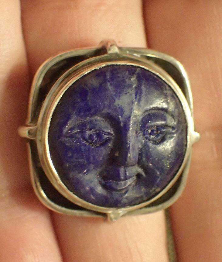 Lapis Lazuli carved Face Sterling Ring, adjustable
