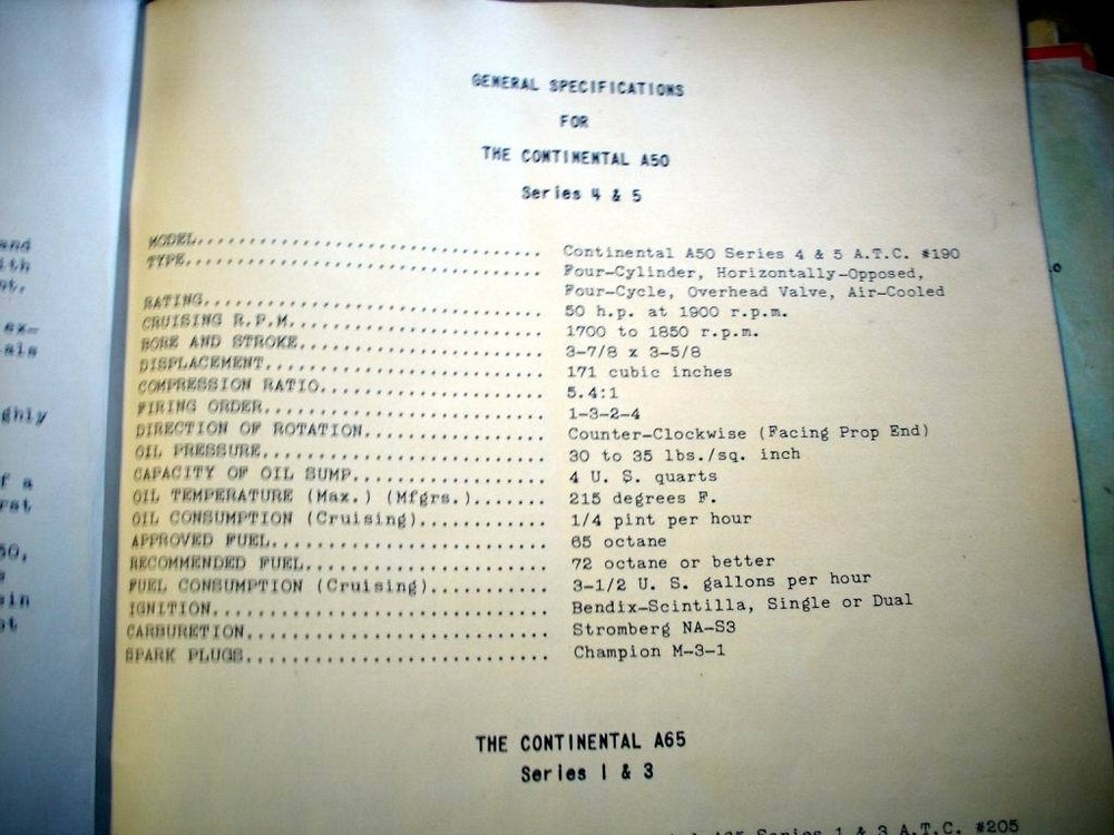 1939 Continental A-50, A-65 & A-75 Engine Operators Handbook