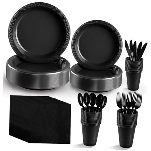 Plastic Plates,Disposable Plates Set,Disposable Plastic Dinnerware Serve Black