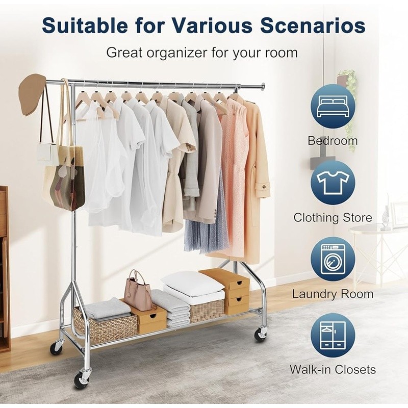 Heavy Duty Clothing Rack W/ Lockable Wheels Adjustable Height Storage Solution
