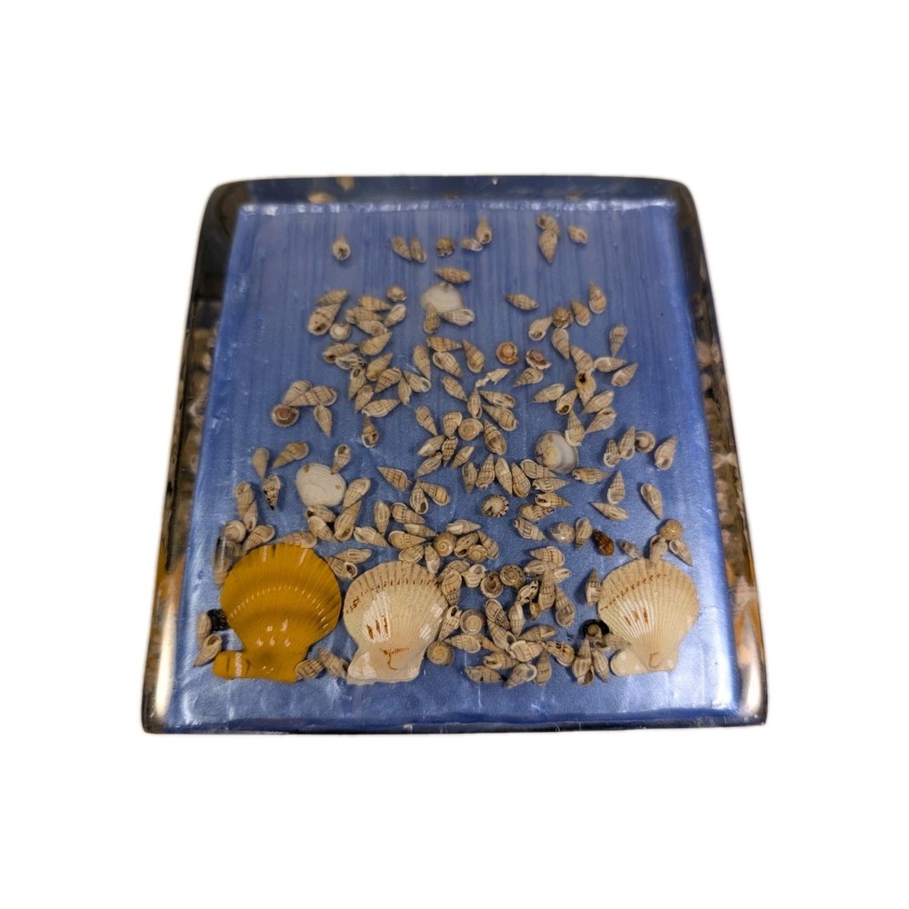 Blue Acrilic Shell Tissue Box Cover. Marbleizing W Fan & Periwinkle Shells Beach