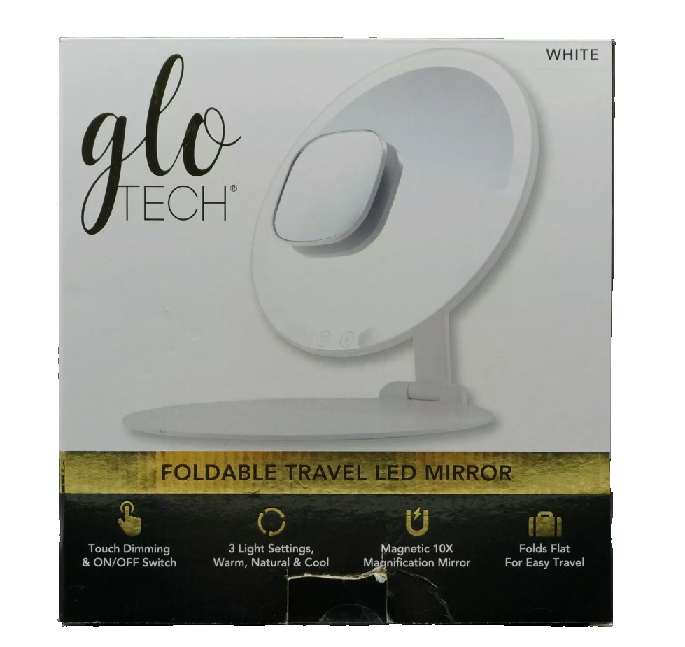 GloTech Foldable Travel LED Mirror, White Open Box
