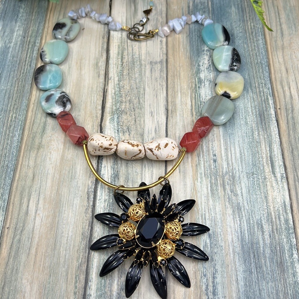 Adorned Crown Artisan Assemblage enamel black flower multi stone bead necklace