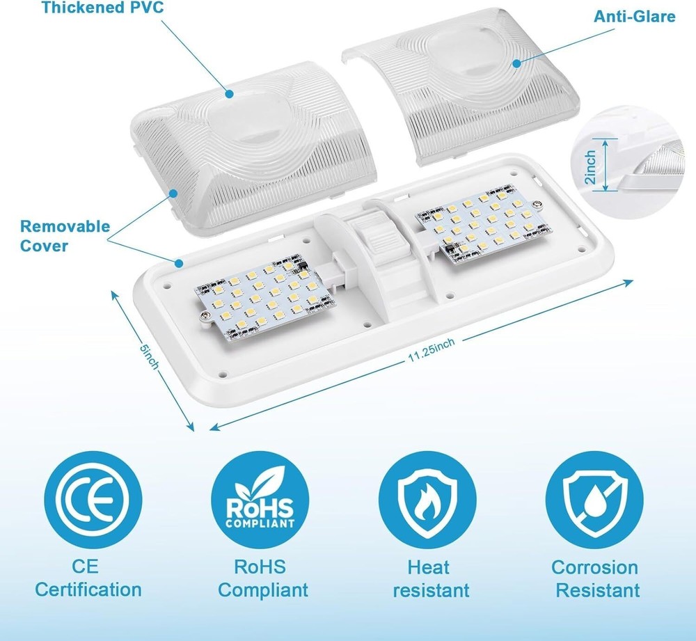 RV LED Ceiling Double Dome Light Fixture DC 12V for Car/RV/Trailer/Camper/Boat