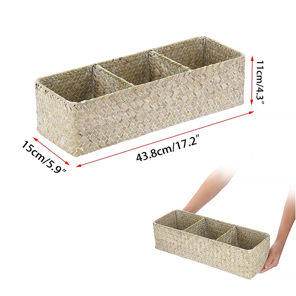 Hoowen Seagrass Shelf Basket with Dividers, Rectangular Woven Storage Baskets...