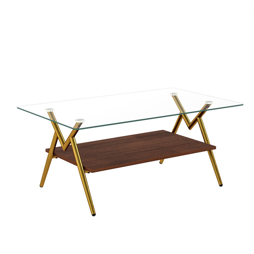 Tempered Glass Coffee Table Rectangular Coffee Table with Storage Shelf