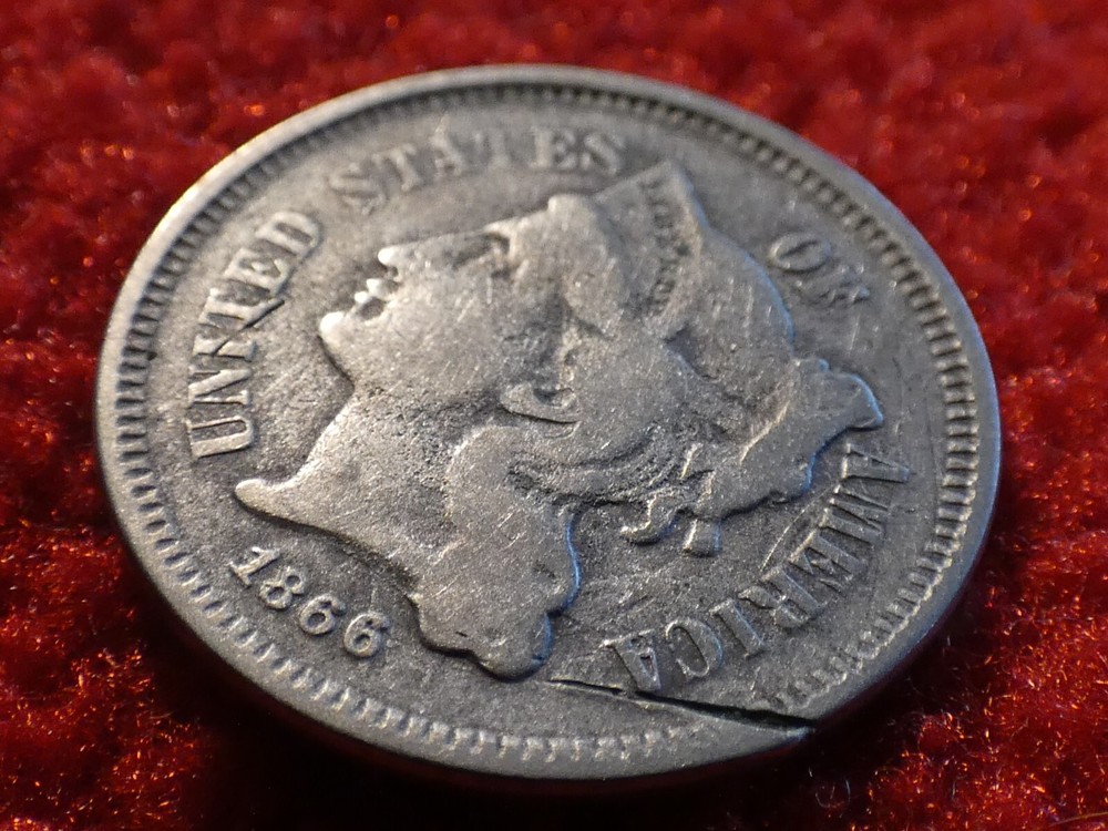 1866 Three Cent Nickel Detached Lamination Error! #3427