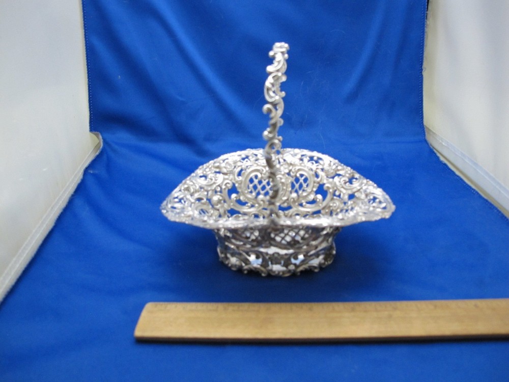 Nice Small VICTORIAN Sterling PIERCED SWING HANDLE BASKET-Repousse Scrolls