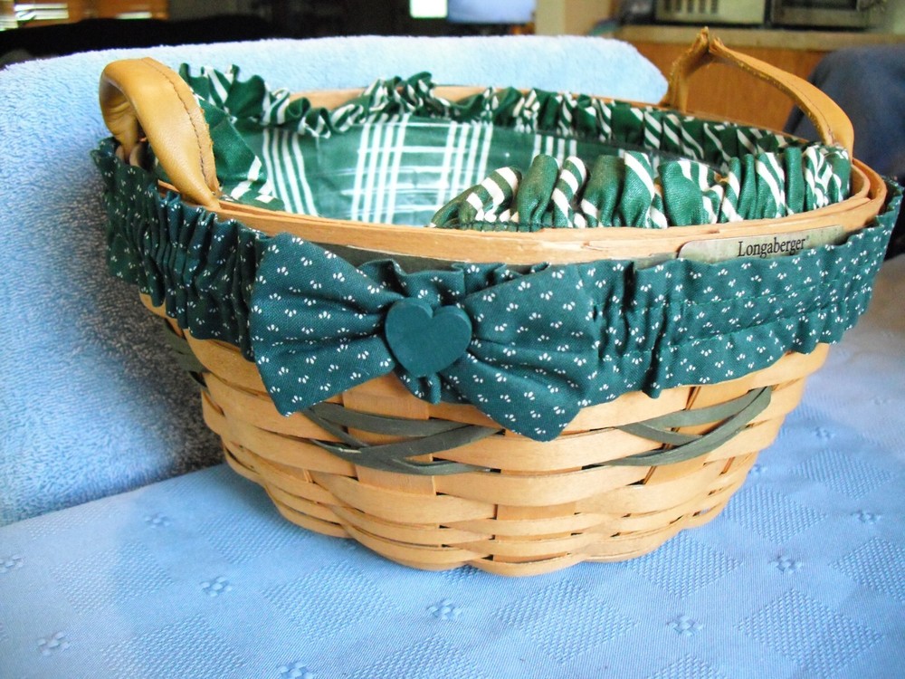 Longaberger Brown White & Green Double Handle Round Basket
