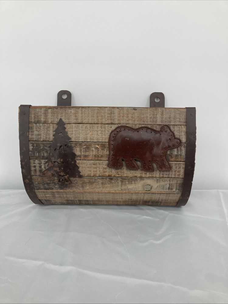 Rustic Wood Wall-Mount Mailbox With Bear & Pine Tree Accents