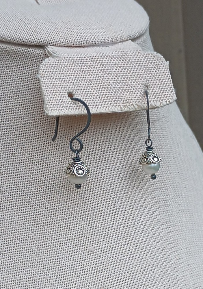 Artisan Blackened Sterling Silver & Pearl Earrings, NEW