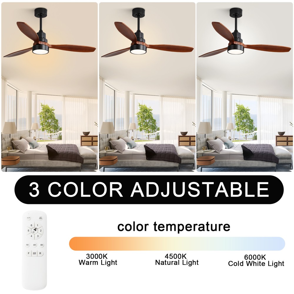 52in Modern Ceiling Fan with Intergrated LED Light and 3 Solid Wood Blades Quiet