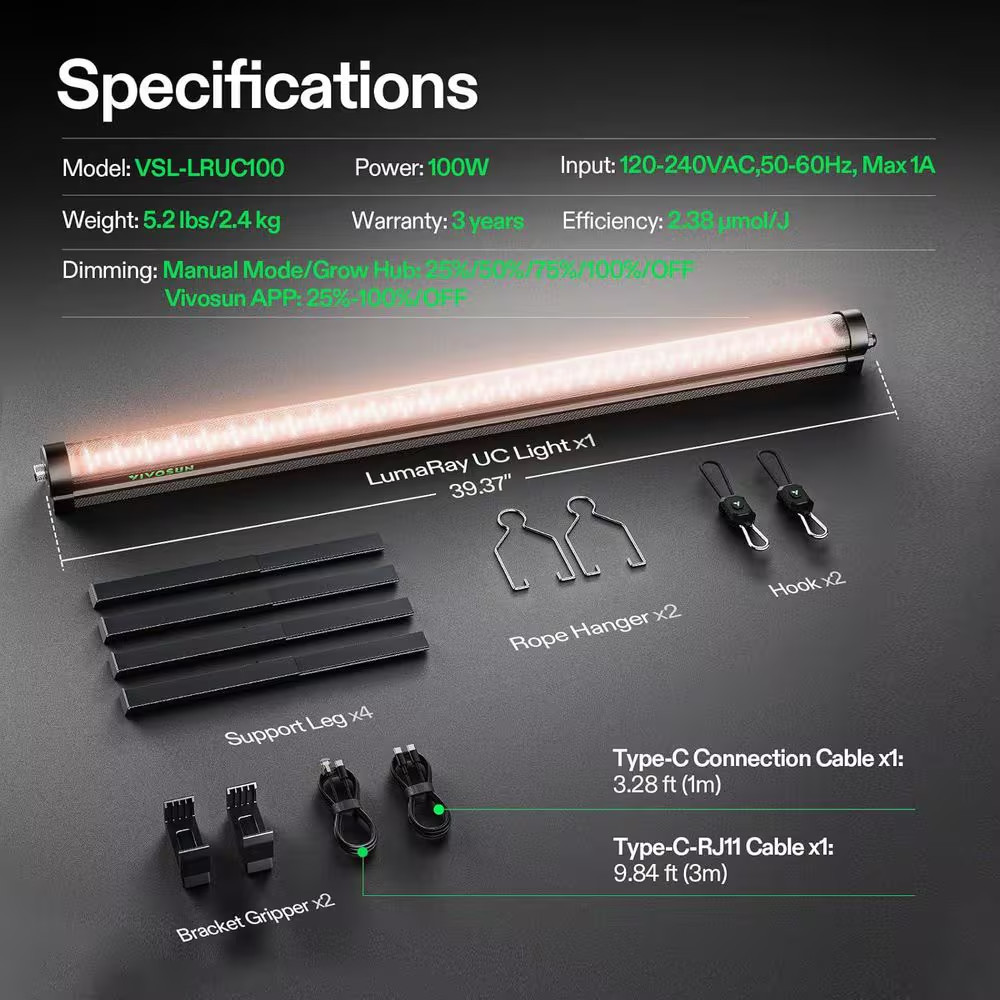 3.28 Ft. 100-Watt Lumaray under Canopy LED Grow Light, Full Spectrum Dimmable