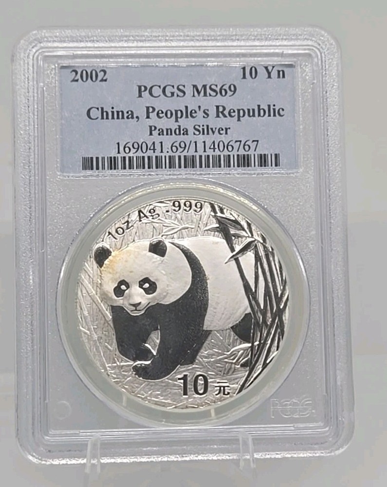 2002 China  1oz . Silver Panda 10 Yn PCGS MS 69