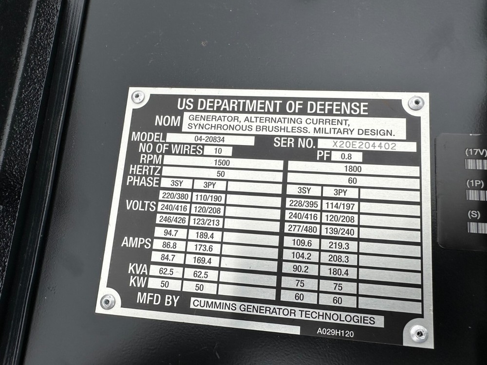CUMMINS MODEL 04-20834 75KW GENERATOR-NEW, NEVER INSTALLED