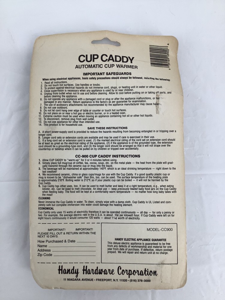 Handy Hardware Corp. Cup Caddy Automatic Cup Warmer 15 Watts Model CC900 New