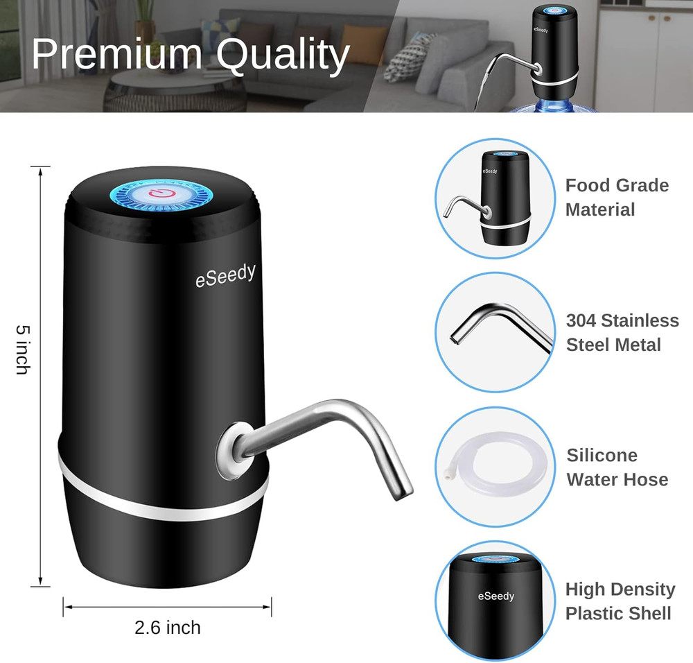 Automatic USB Rechargeable Water Pump for 5 Gallon Bottles - Black