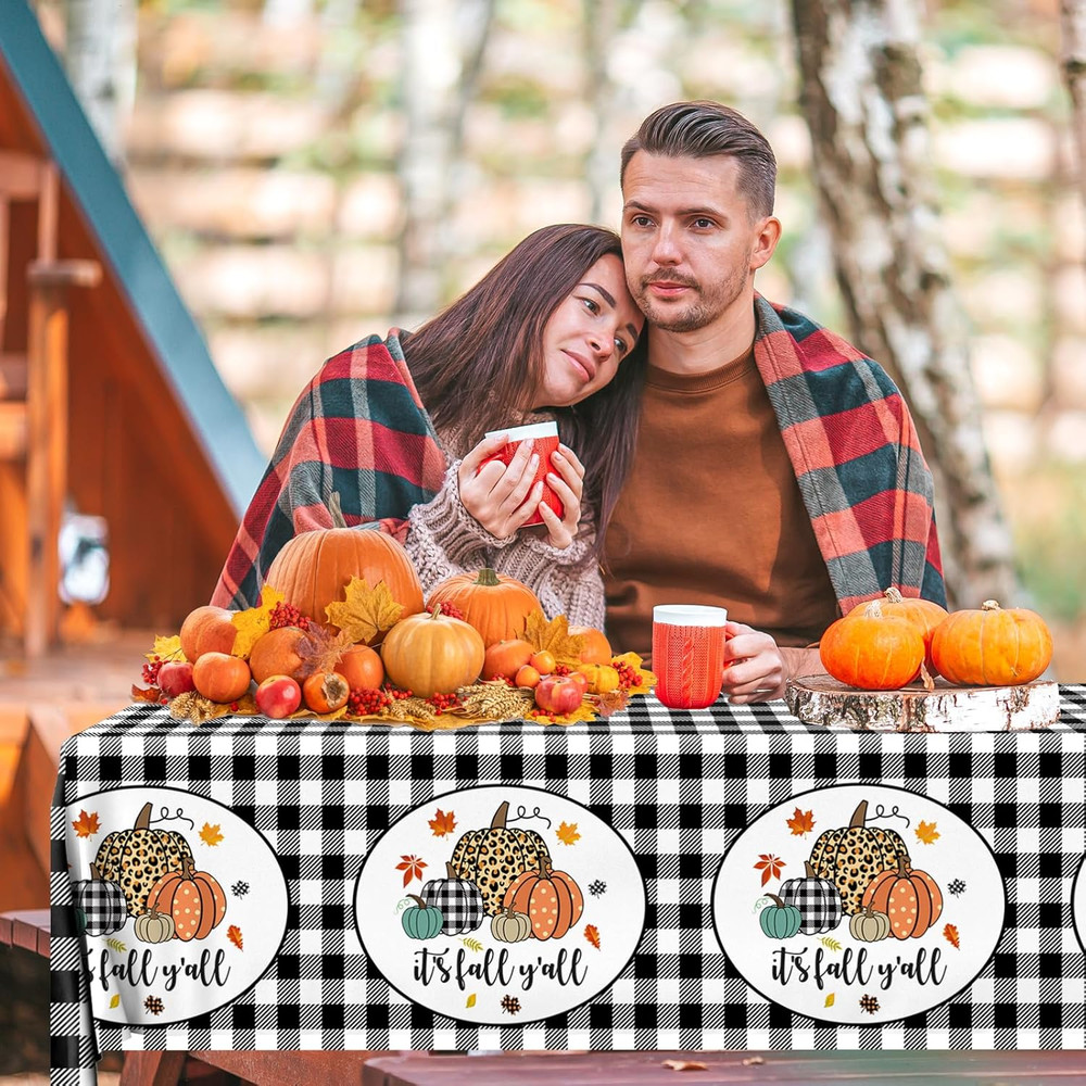 Fall Buffalo Plaid Tablecloth,3Pcs Pumpkin Table Cloth Plastic Black White Check