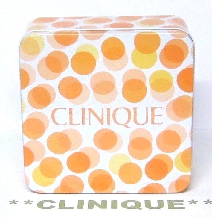 CLINIQUE Empty Keepsake Tin Can Case Box in Orange & Yellow Circles Design RARE