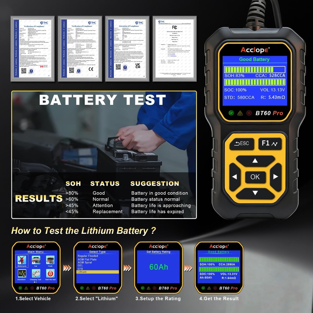BT60 Pro Car Battery Tester, Digital Analyzer with Cloud Printing, ... Fast Ship