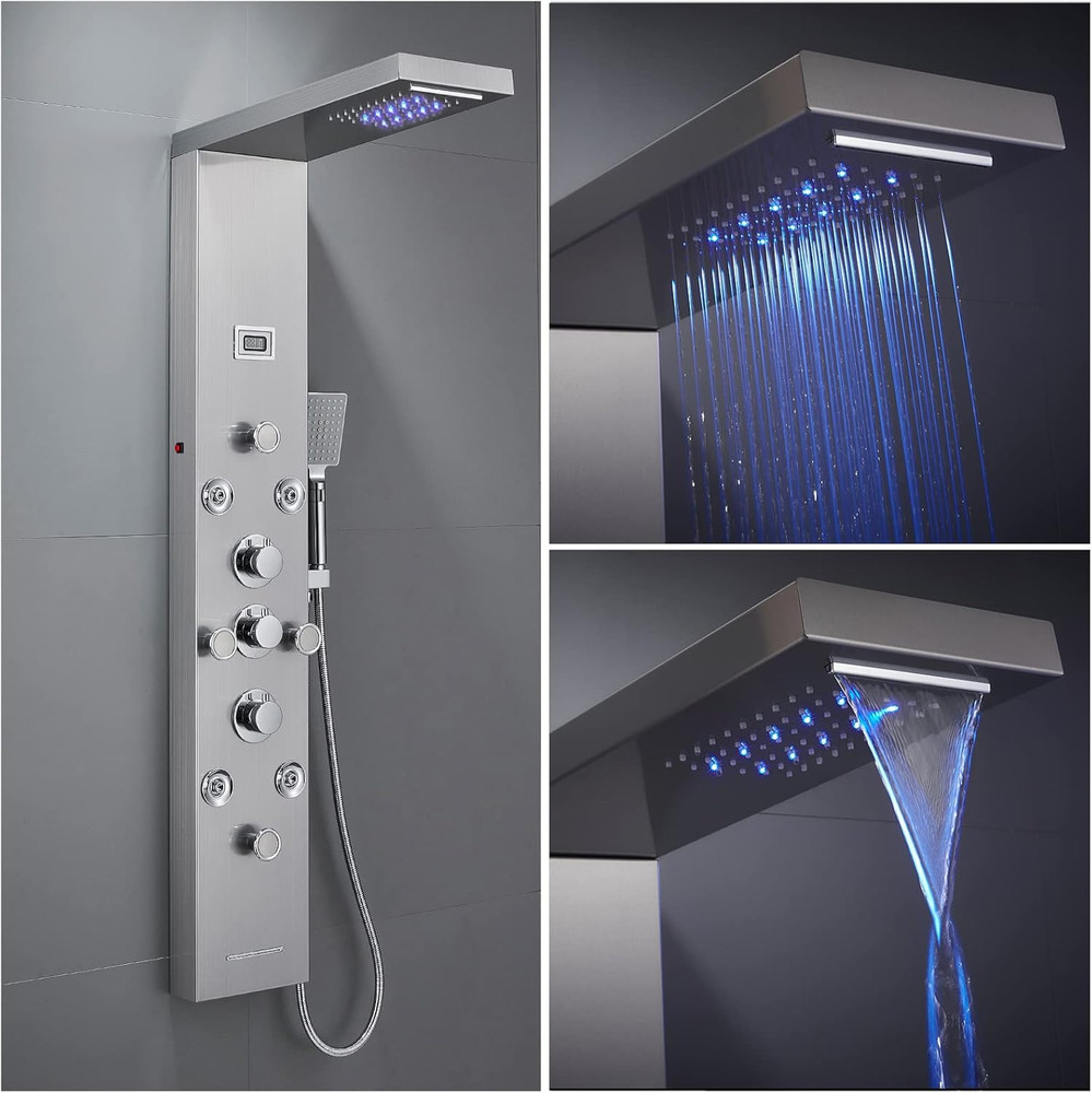 LED Rainfall Waterfall Shower Panel Tower System, 4 Body Jets and 4 Mist Spray,