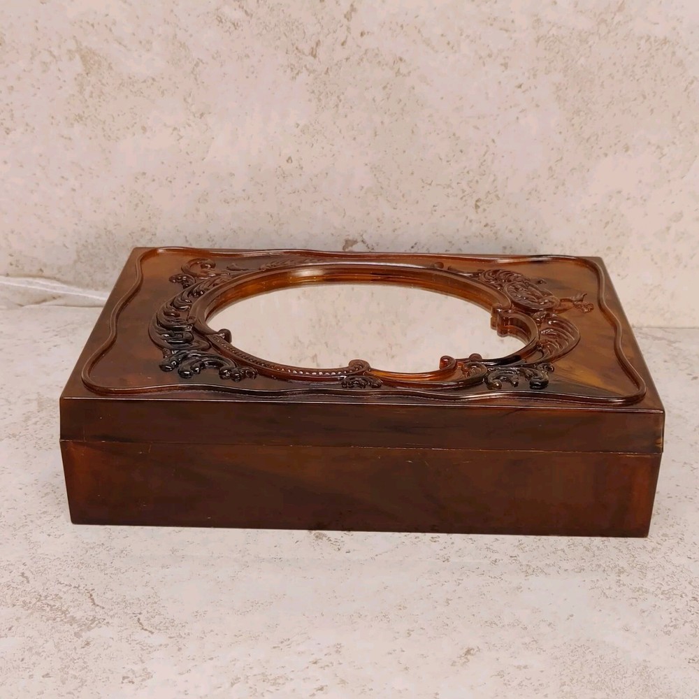 Vintage MCM Vanity Box With Mirror Frame Lid Faux Tortoise Shell