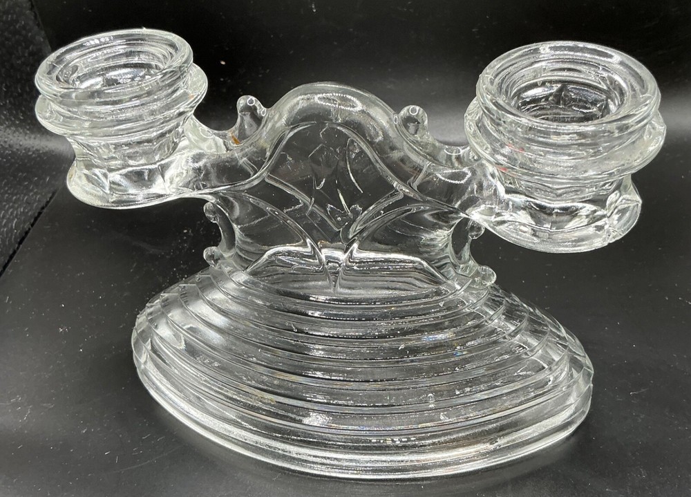 L.E. SMITH GLASS: DOUBLE CANDLESTICK LINE "HORIZONTAL RIBBED" CLEAR 1930'S