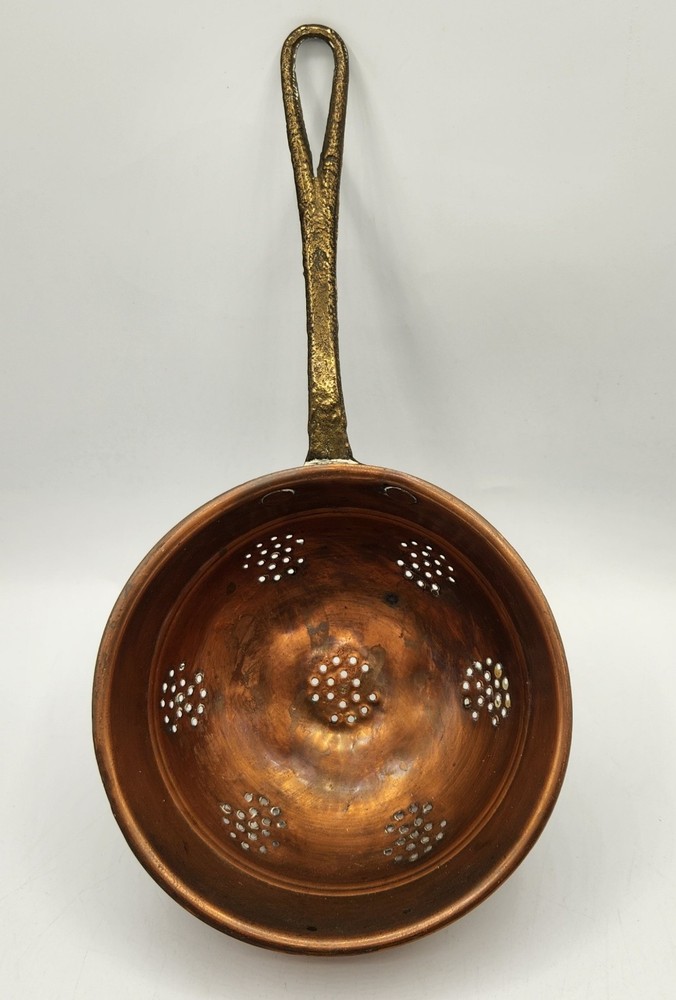 Small Vintage Copper Colander with Brass Handle