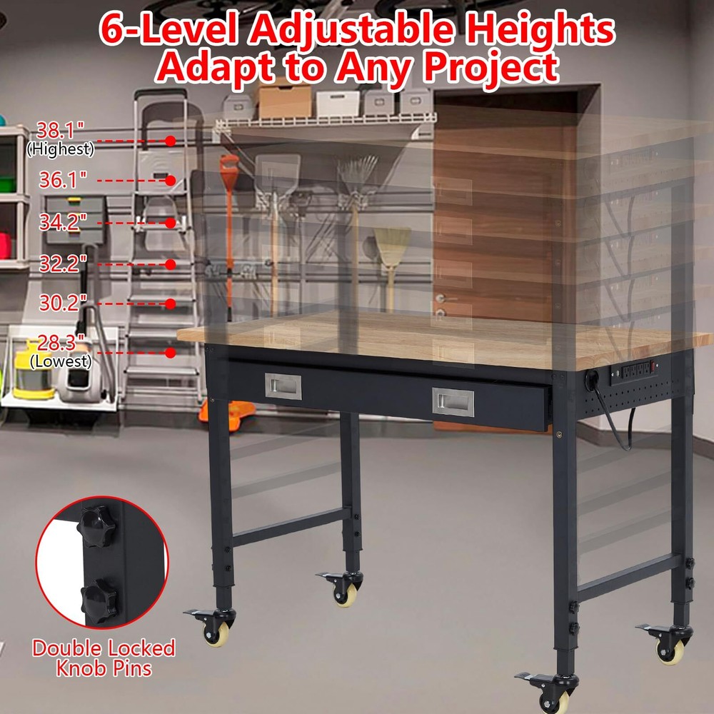✅48" Workbench Rubber Wood Top Workstation with Drawer & 4 Rolling Casters 2000