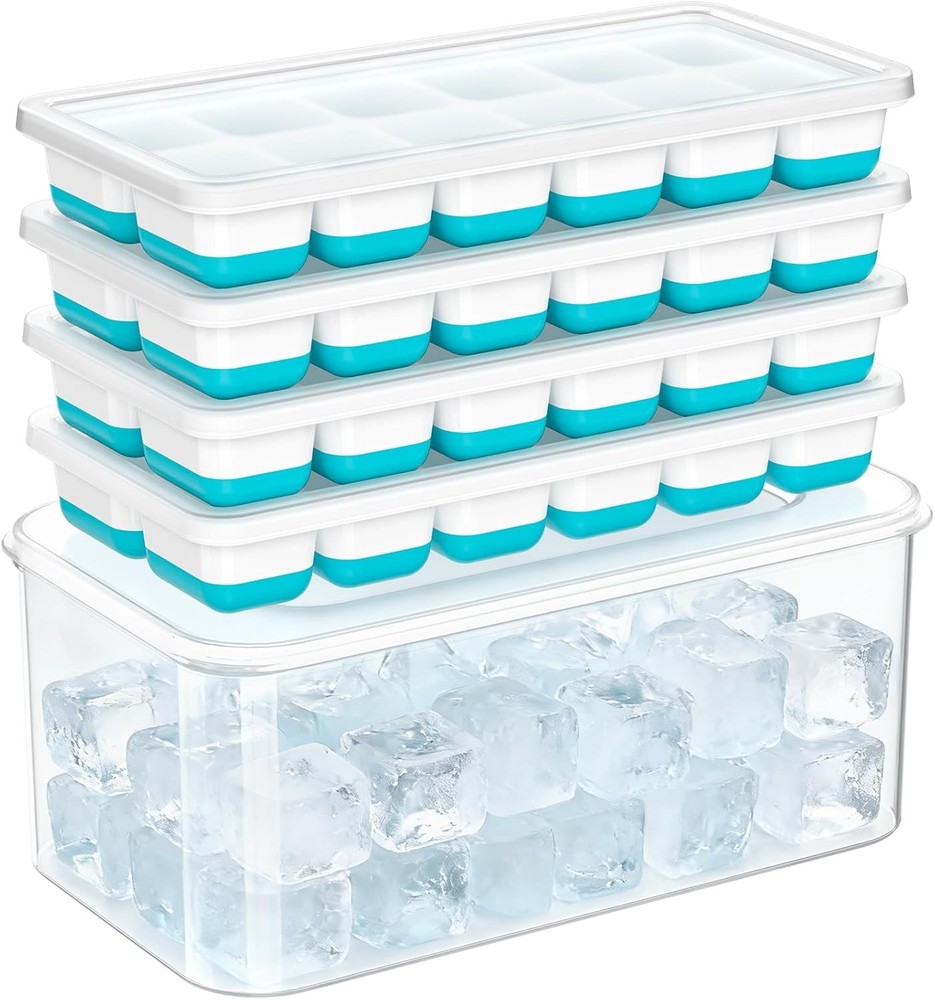 NFK Ice Cube Tray with Lid & Bin - 4 Pack Stackable Silicone Trays for Freezer w