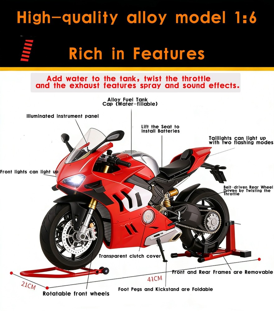 Ducati 1:6 Die-Cast Motorcycle Model, Multi-Function, Premium Gift for Him