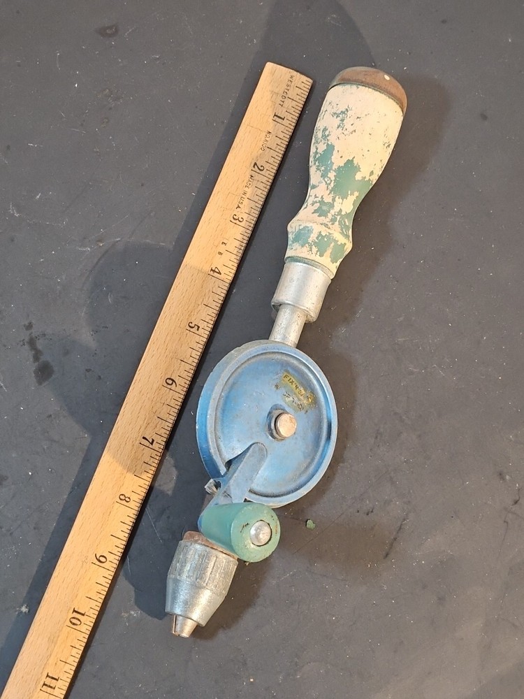 Vintage Fix N SAVE HAND DRILL Green Blue Handle Storage Hand Tool As Is