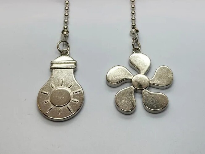 Silver Tone Ceiling Fan Pulls FAN • LIGHT Pull Chains Bulb & Fan Shaped Metal