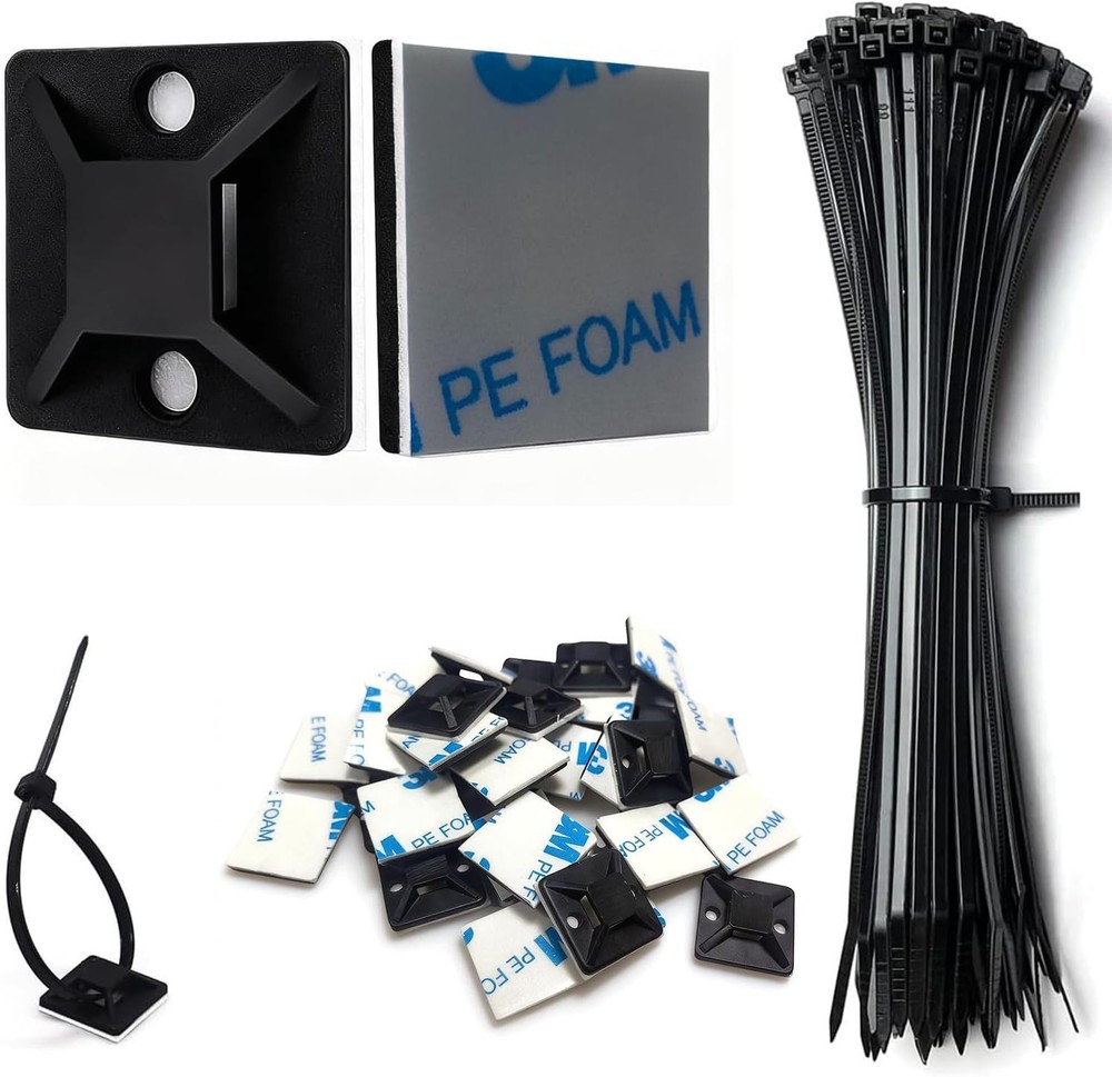 Strong Ba-Glue Self Adhesive Cable Zip Tie Mounts Kit - 100 Set Cable