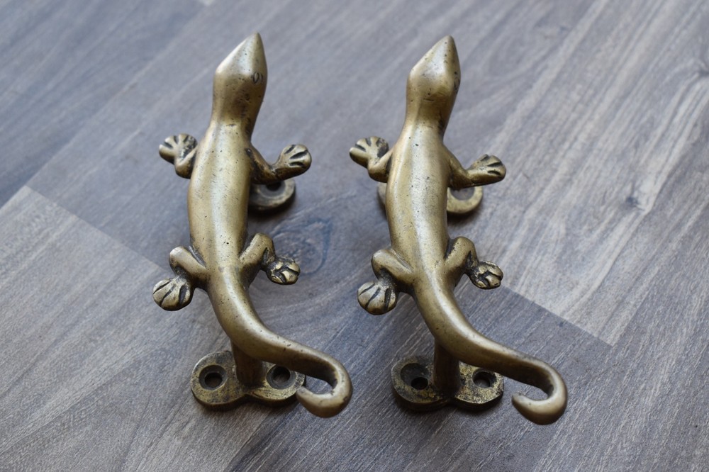 Vintage Brass Door Handle Lizard Heavy Gate Pull Drop Original Handle 2 Pcs